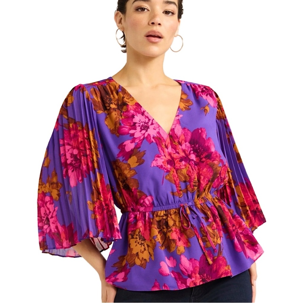 Sofia Jeans by Sofia Vergara Purple Floral V-Neck Peplum Blouse, size L
